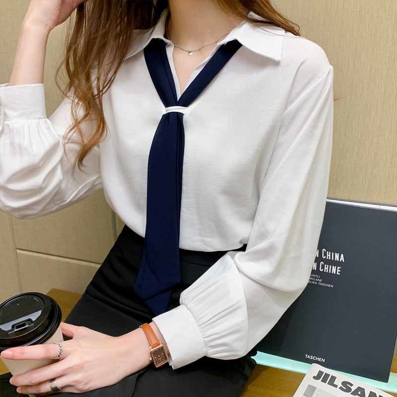 Sweet Long Sleeve Women's Blouse Tie Turn-down Collar Solid White Tops Lantern Pullover Shirt Blusas Mujer 10776 210518