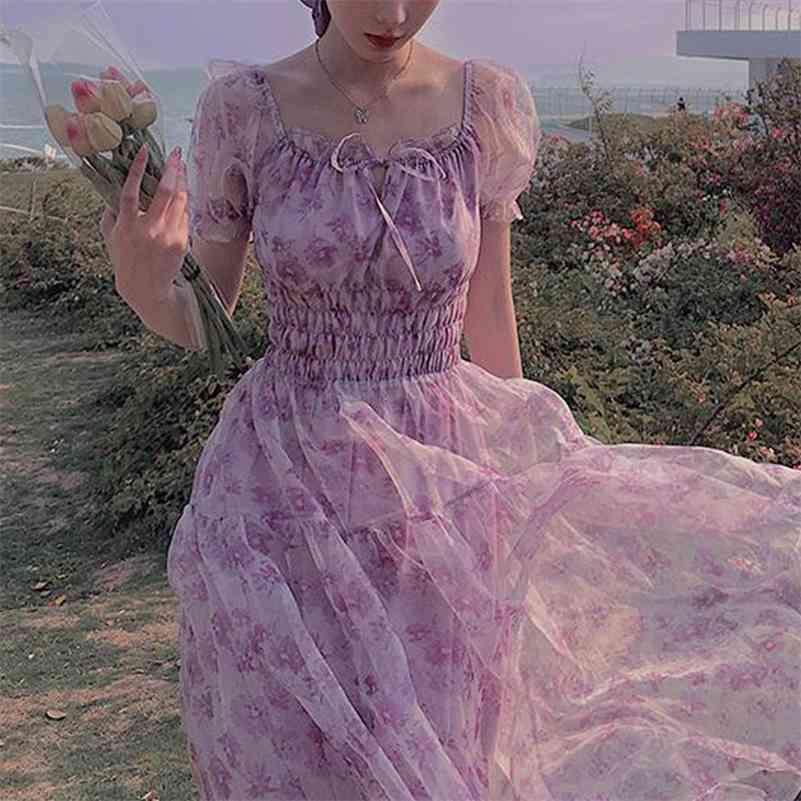 Square Collar Elegant Lace Party Dress Women Short Sleeve Floral Beach Dress Female Dress Korean Summer Kawaii 210521