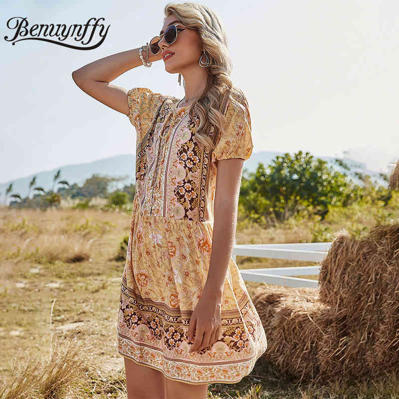 Tie Neck Button Front Boho Holiday Style Floral Print Dresses Women Summer Casual Straight Mini Dress Female 210510