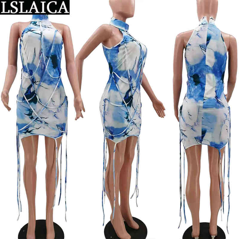 Dresses for Womem Sleeveless Print High Waist Criss-cross Sexy Party Night Club Dress Sex Mini Summer 210515