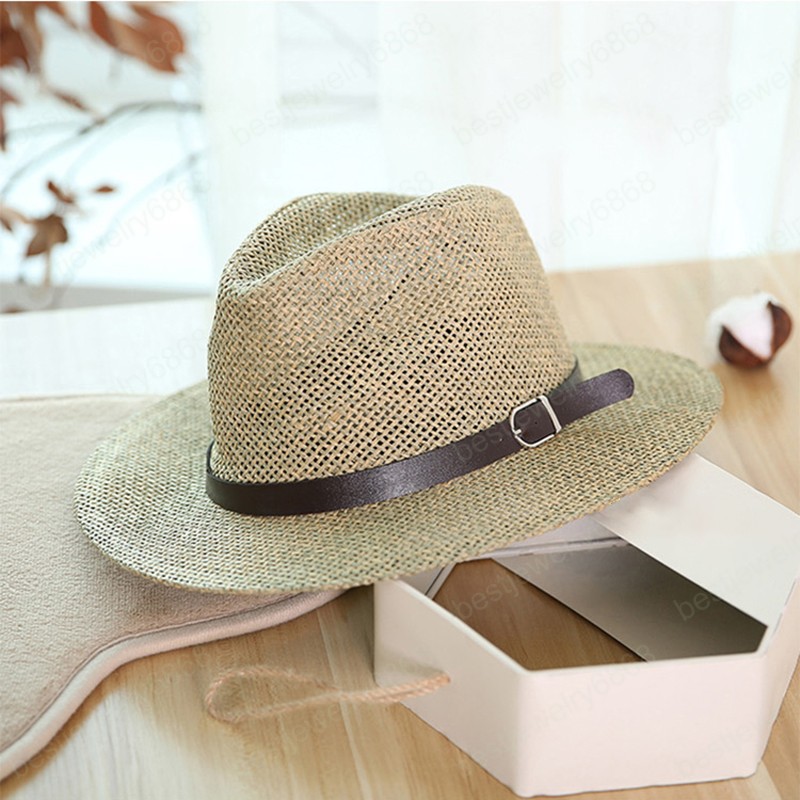 2021 jazz Panama Hat with Belt Summer Sun Hats for Women Man Sombrero Beach Straw Fedora Hat UV Protection Cap Chapeau