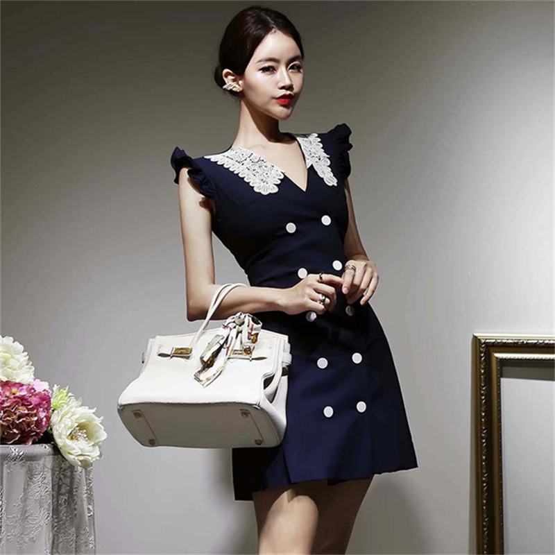 Women Lace With V-Neck Double Breasted Sleeveless High Waist Bodycon Mini Dress Korean Elegant Office Lady Slim Dresses 210519