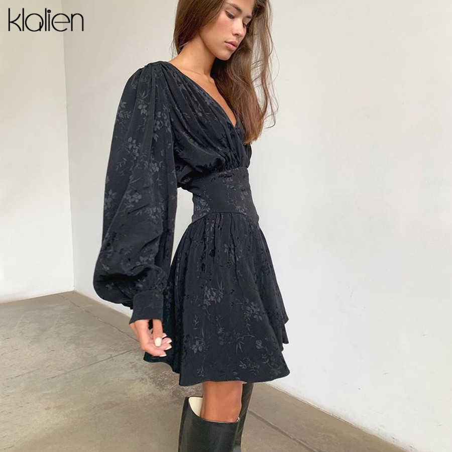 KLALIEN Fashion Black Chiffon Printing Elegant Loose Mini Dress Women Lantern Full Sleeve Pleated Slim Party Night Dresses 210623