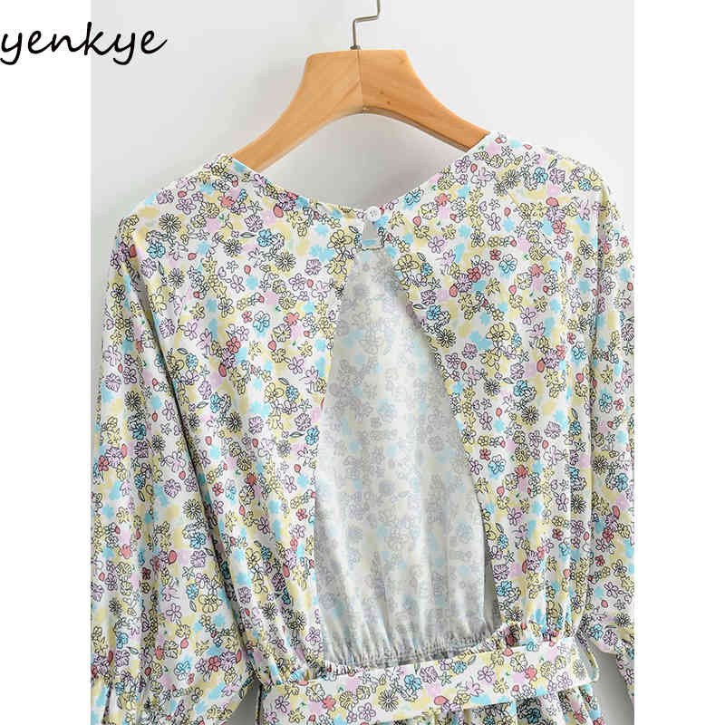 YENKYE Sexy Backless Sweet Floral Print Dress Women O Neck Long Sleeve With Belt A-line Female Dress Plus Size Summer Vestido 210515
