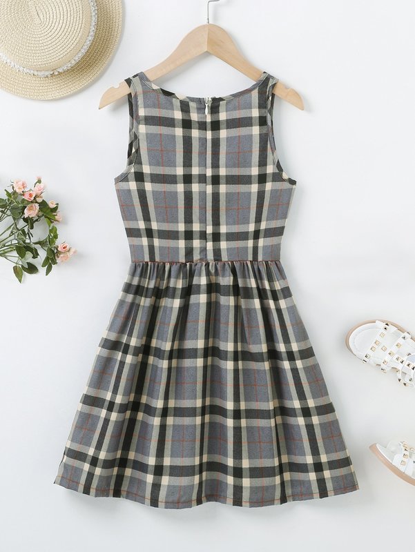 Girls Plaid Print Sleeveless Dress SHE