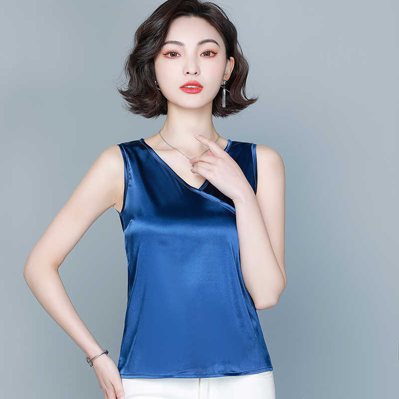 Korean Women Blouses Shirts for Woman Solid Satin V-Neck Chiffon Sleeveless s Tops 210604