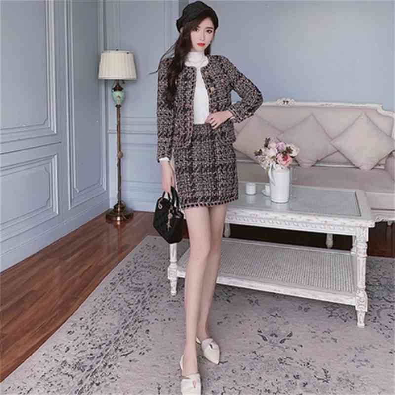 Vintage Elegant Tweed Two Piece Sets Outfits Women Single-breasted Coat + Mini Skirt Suits Autumn Korean Ladies Sets Outfit 210515
