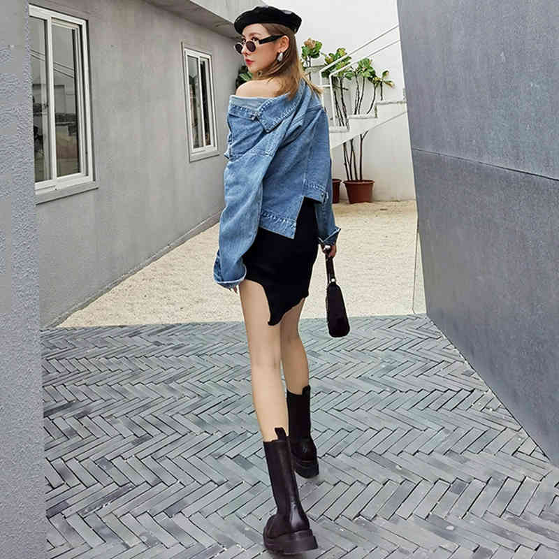 [EAM] Loose Fit Denim Pocket Big Size Asymmetrical Jacket Lapel Long Sleeve Women Coat Fashion Spring Autumn 1DD6382 21512
