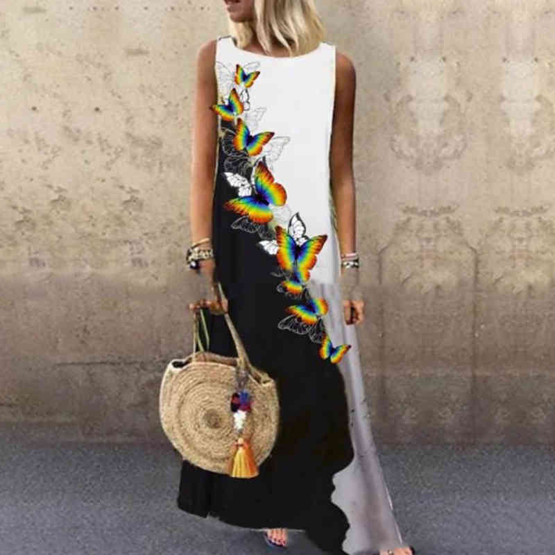 Sundress Women Summer Dress Print Floral Dress Midi Plus Size Casual Linen Loose Sleeveless printed Long Maxi Dress 210409