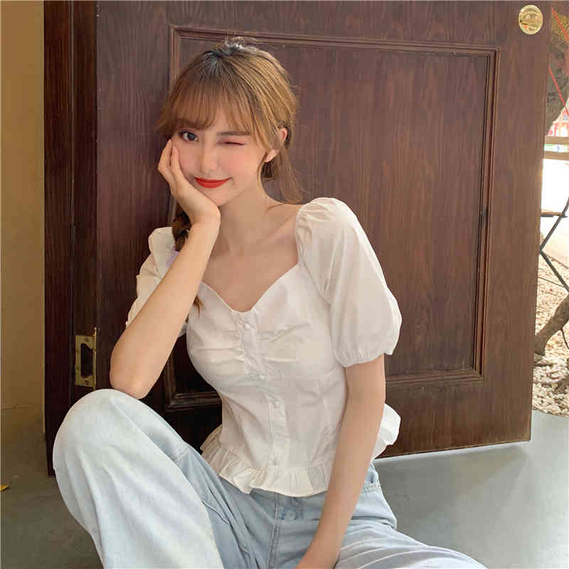 Blouse Women Blue Square Neck Puff Sleeve Crop Tops Short Sweet Fashion Girls Blusas Mujer Japan Style Preppy Solid 210429