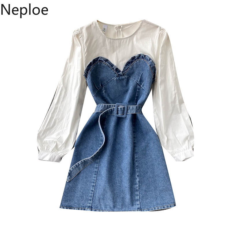 Neploe Korean Fashion Dresses for Women Puff Sleeve Sweet Ruffles Vestodps Patchwork Cowboy Contrast Color Lace Up Short Dress 210422