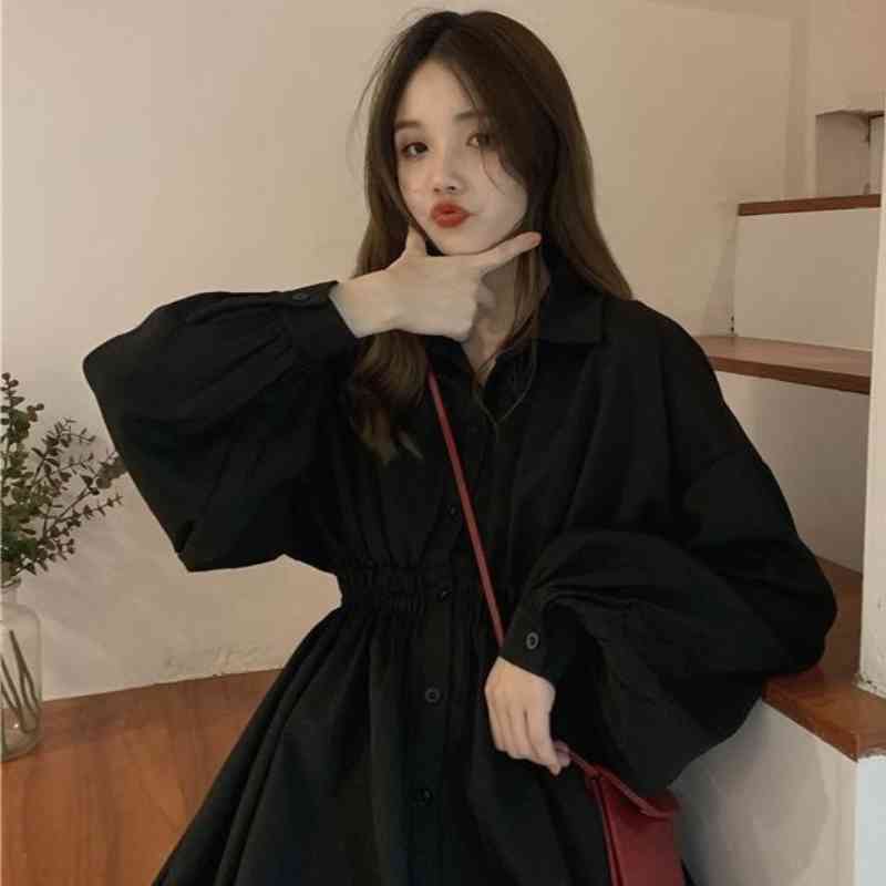 Dress Long Sleeve Preppy Style Solid Sweet Simple Elegant Pleated Stylish Womens Slim Daily Streetwear High Waist 819J 210420