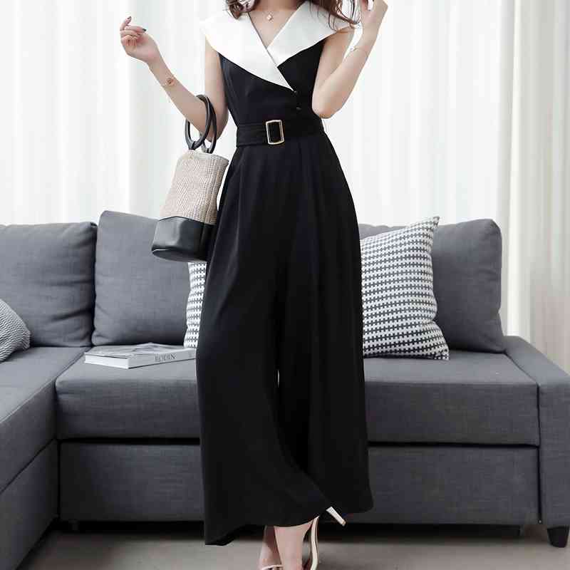 Summer Runway Wide Leg Jumpsuit Black and white Sleeveless High Waist Loose OL Work Women Elegant 210519