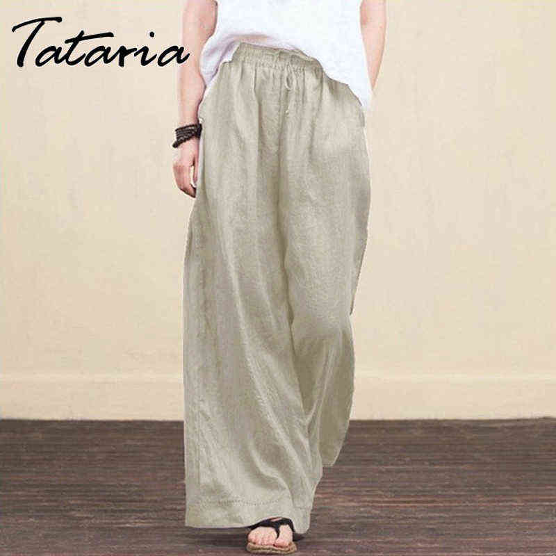 Women Solid Cotton Linen Wide Leg Pants harajuku Casual High Waist big flare Loose Pocket Trousers summer Long Pantalon 4XL 5XL 211115