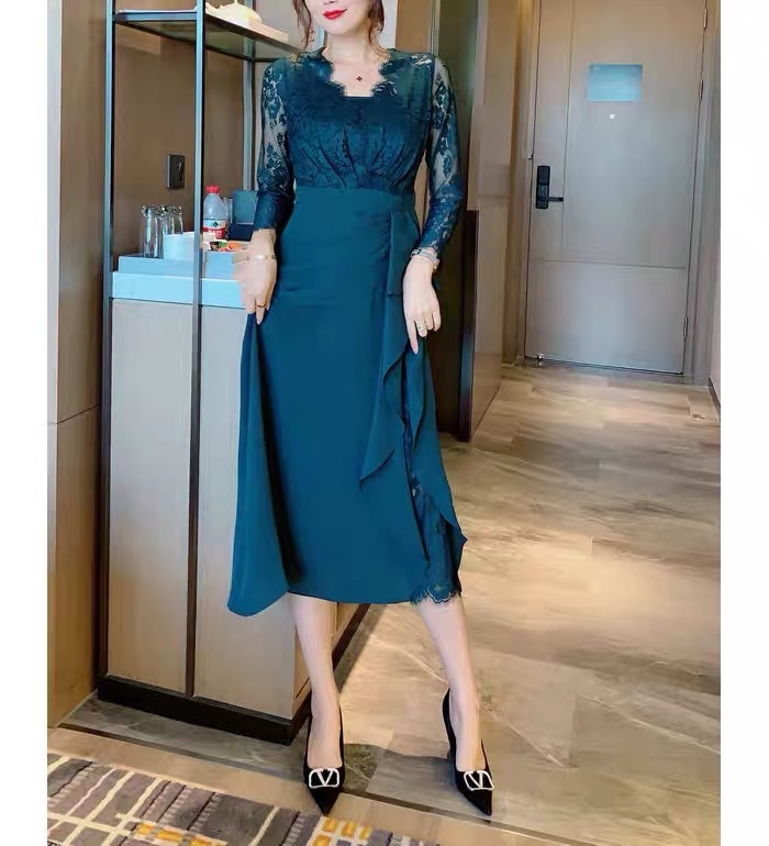 elegant vintage dark green ruffles patchwork midi dress for women casual office lady lace high waist dresses robe fashion 210421