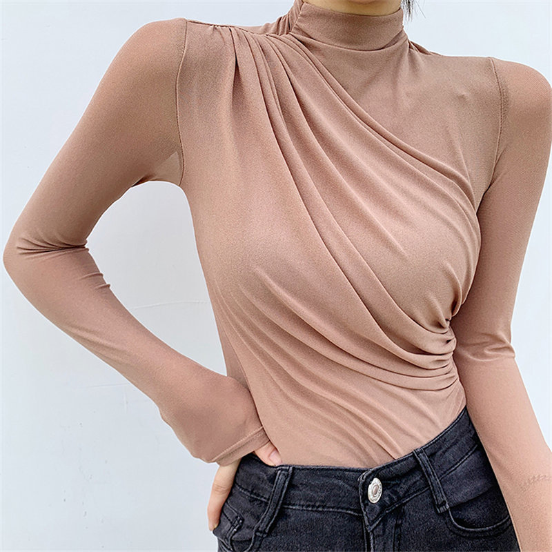 Turtleneck Solid Basic Women Autumn Pleated Brief Tops Full Sleeves Plus Size Female All Match Lace T-Shirts 210421