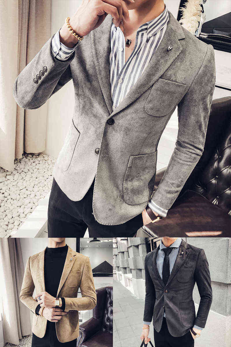 Deerskin Leather Jacket Blazer Masculino Casual Suit Jacket Korea Slim Fit Coat Men Nightclub Stage Singer Veste Costume Homme 211120
