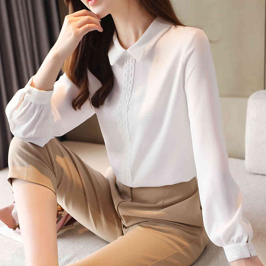 QoerliN White Blouse Women Fall Spring Long Sleeve Back Button Shirts Pulls Lantern Sleeve Workwear Elegant Tops Plus Size S2XL 210412