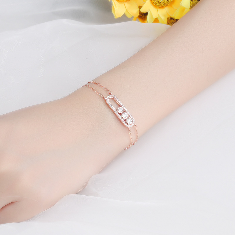Women 925 Sterling Silver Charm Bracelet Sliding 3 Bead Geometric Cubic Zirconia Double Layers Chains Adjustable Friendship Birthday Gift