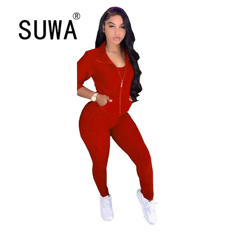 Wholesale Womens Clothing Vendors Pure Color Zipper Fish Scale Three-piece Suit Long Sleeve Coat + Vest Top Sport Pants Set 210525, Black
Wholesale Womens Clothing Vendors Pure Color Zipper Fish Scale Three-piece Suit Long Sleeve Coat + Vest Top Sport Pants Set 210525, Black