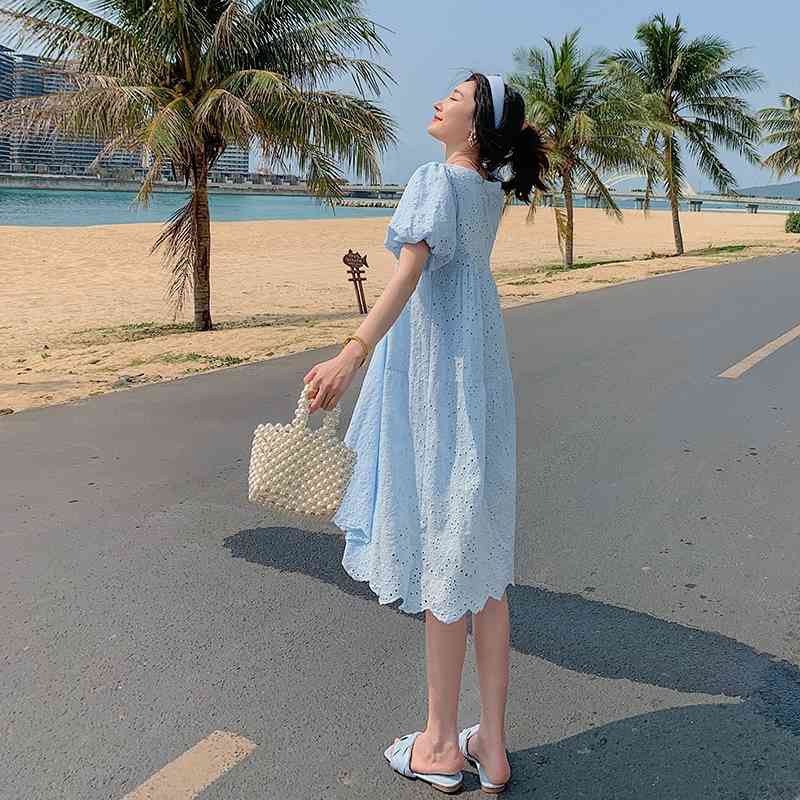 Blue Lace Dress Summer Cotton O-Neck Hollow Out Loose Dresses Bohemian Party Vestidos Robe Femme Sundress 210520