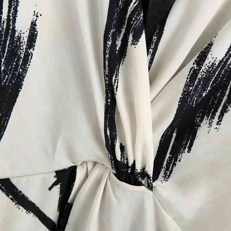 Women V-Neck Knotting Decoration Printed Shirt Femme Long Sleeve Blouse Casual Lady Loose Tops Smock Blusas S8068 210430