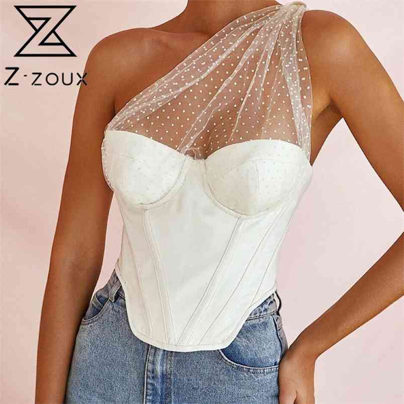 Women Crop Top Mesh Patchwork Perspective Sexy s Asymmetry White Off Shoulder Fashion 210513
