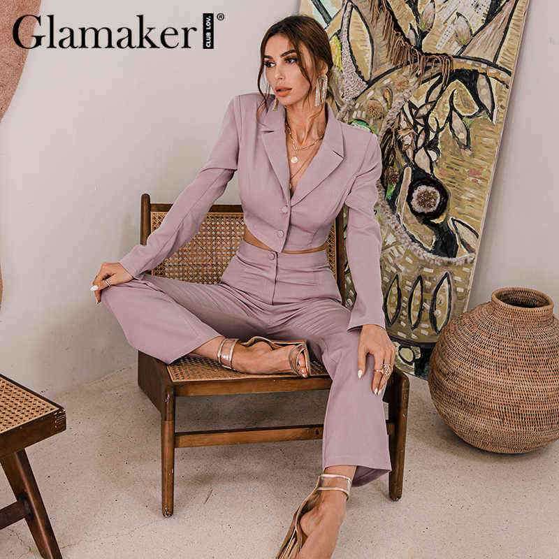 Glamaker Pink purple 2 piece suit sets Women sexy short blazer and flared pants Office lady set autumn female outfits 211105