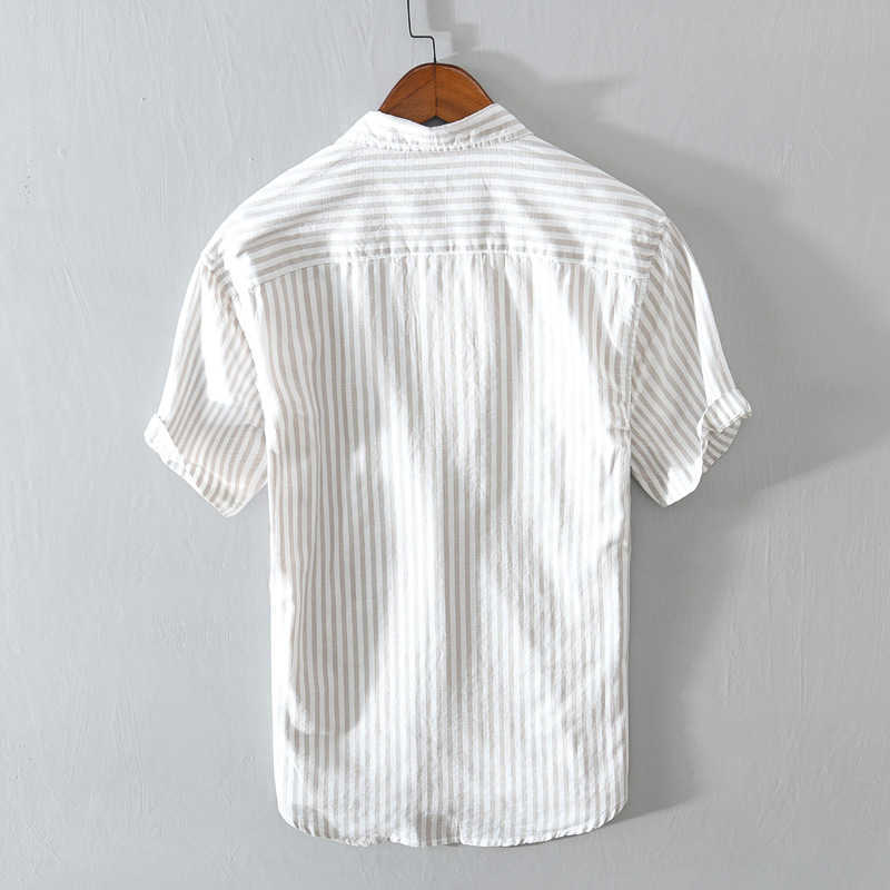 Summer and Spring Men Short Sleeve Striped Shirt Loose Cotton Casual Youth Top Workwear Khaki Blue GCL867 210721