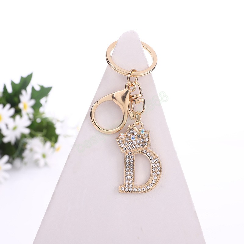 Fashion Shiny Rhinestone Letter Key Rings Gold Color Crown A-Z Initials Keychain Women Bag Hanging Pendant Keyrings