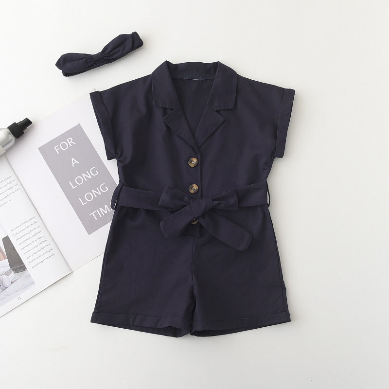 Girls Casual Clothing Sets Summer Children Fashion Clothes Bowtie Sashes Outfits with Headband Kids Solid Suits 210429