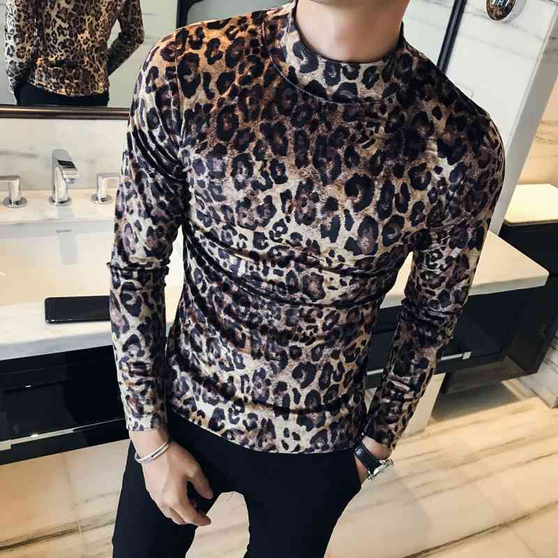Leopard Velvet T Shirt Men Long Sleeve Casual Slim Fit Tshirt Vintage half Turtleneck Man Streetwear club Tops Tees Clothing 210527