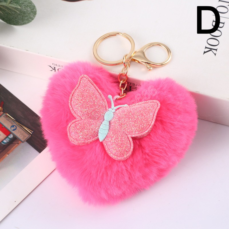 Heart Shape Hair Ball Key rings Plush Pompom Car Keychain for Women Bag Ornaments Cute Butterfly Key Chain Holder