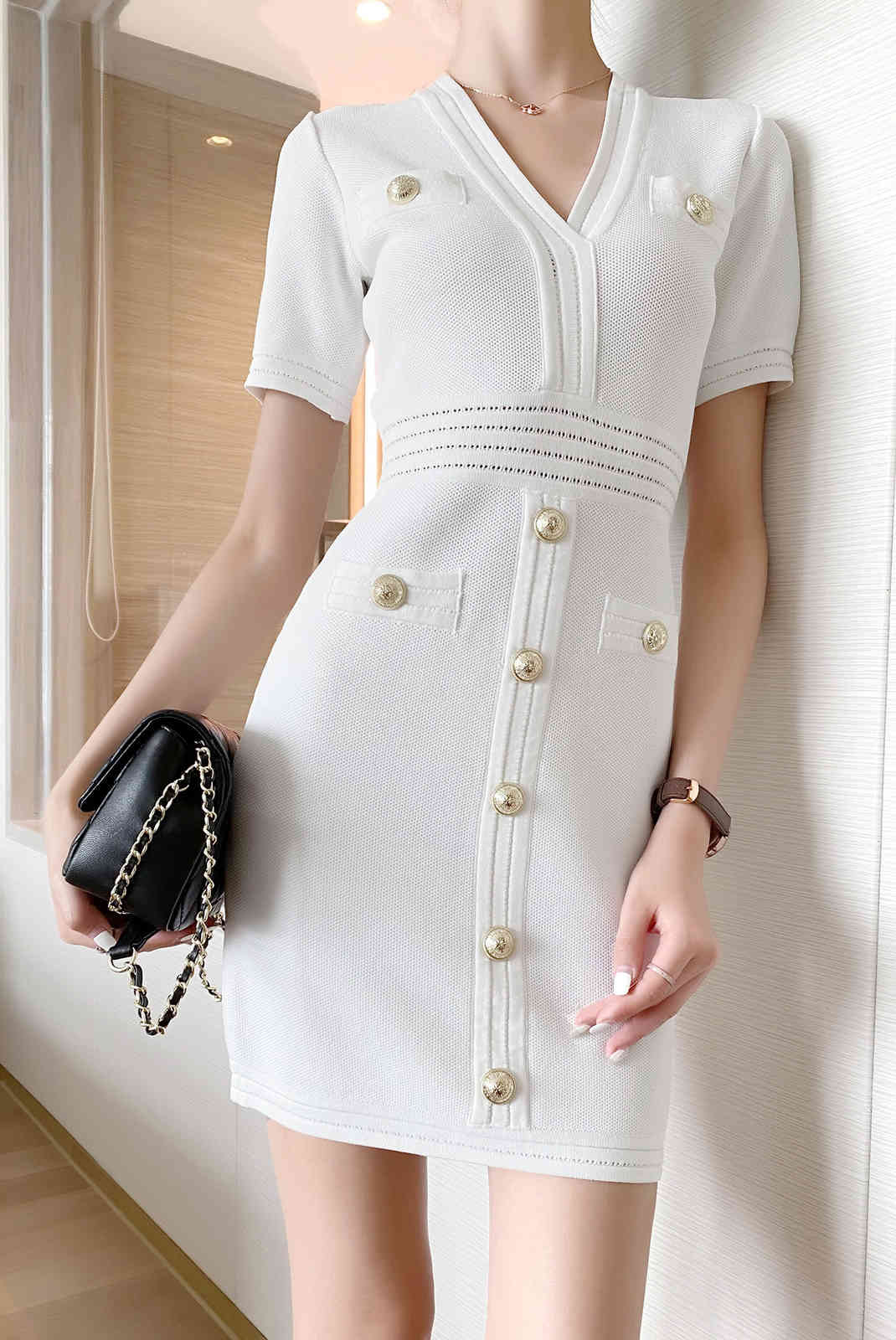 DEAT spring and summer fashion women clothes short sleeves V-neck single breasted zippers pullover slim white dress 210428