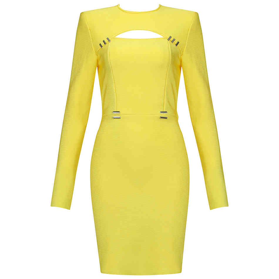 Free Spring Women's Yellow Bandage Dress O-Neck Long Sleeve Sexy Hollow Bodycon Club Party Vestido 210524