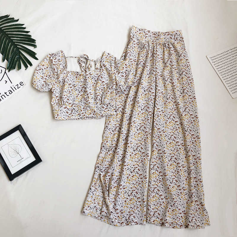 LY VAREY LIN Summer Women Holiday Style Square Neck Short Tops+Split High Waist Wide Leg Pants Suit Two Piece Set 210526