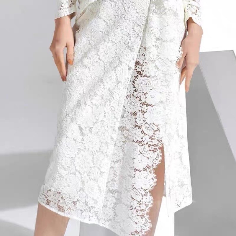 Elegant white Lace Dress For Women Sexy V-Neck Sleeveless High Waist Ruffle split Dresses Summer Chic Lady de fiesta 210421