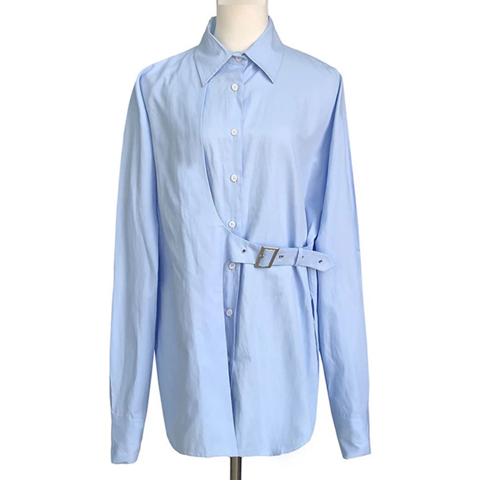 Free Chic Women's Shirt Blusas Lapel Long Sleeve Simple Fashion Blue Irregular Top Autumn 210524