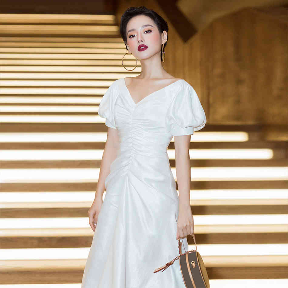 Summer Elegant White Short Sleeve Dress For Women Sexy V Neck Midi Club Fashion Evening Runway Party Lady Dresses 210423