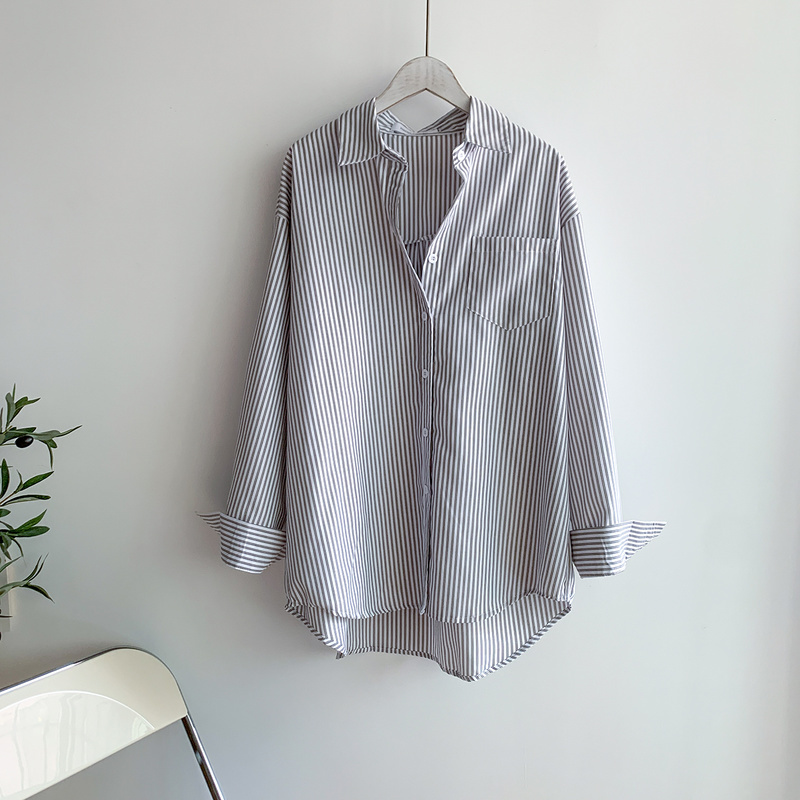 Office Ladies Striped Shirt Blouses Women Casual Cotton Female Shirts Tops Single-breasted Loose Blouse Femme Blusas 13057 210427