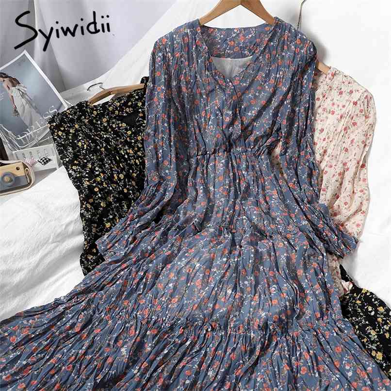 Fashion Floral Print Elastic High Waist Ruffles Dresses Women Folds Long Sleeve V-Neck A-line Clothing Spring 210607, Blue
Fashion Floral Print Elastic High Waist Ruffles Dresses Women Folds Long Sleeve V-Neck A-line Clothing Spring 210607, Blue