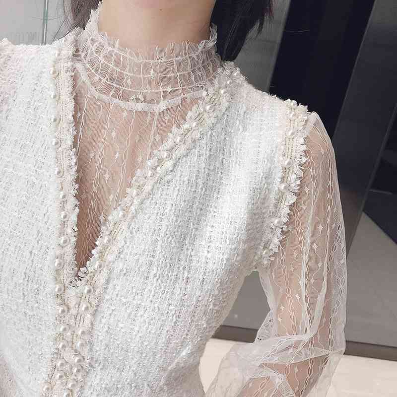 Autumn Winter 2 Piece Set Women Elegant Sweet Flare Sleeve Mesh Shirt Top + Beading Sleeveless Tweed Party Dress 210519