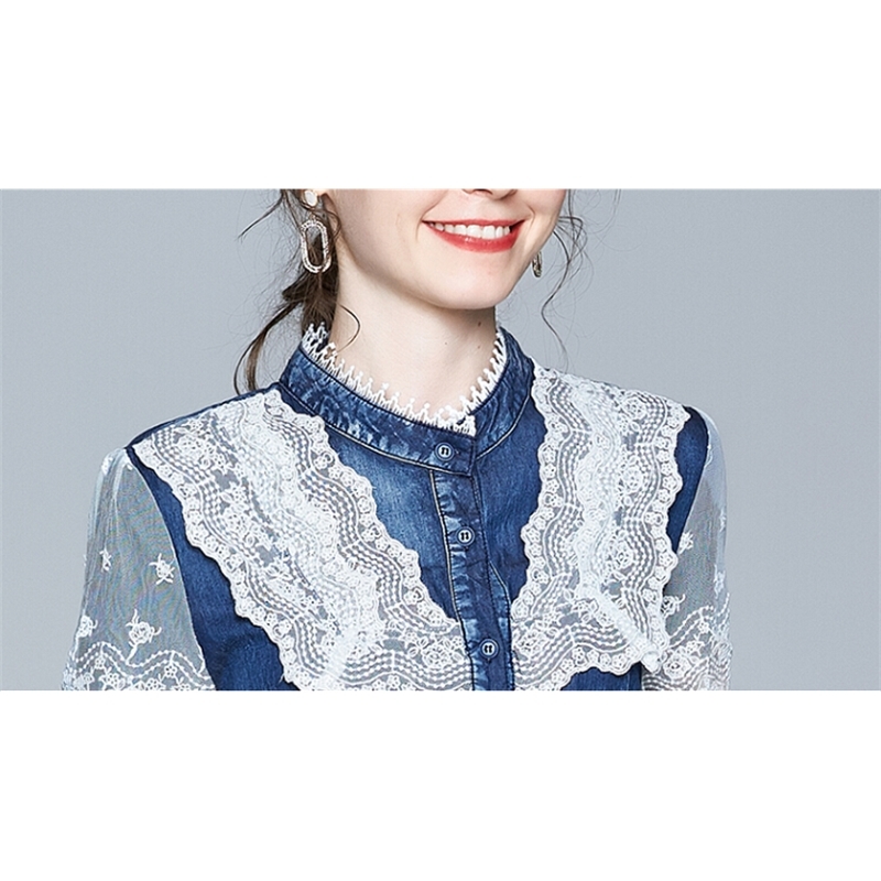 Women Long Denim Summer Dress Fashion Lace up Blue es Short Sleeve Patchwork Big Swing Female Vestidos 210520