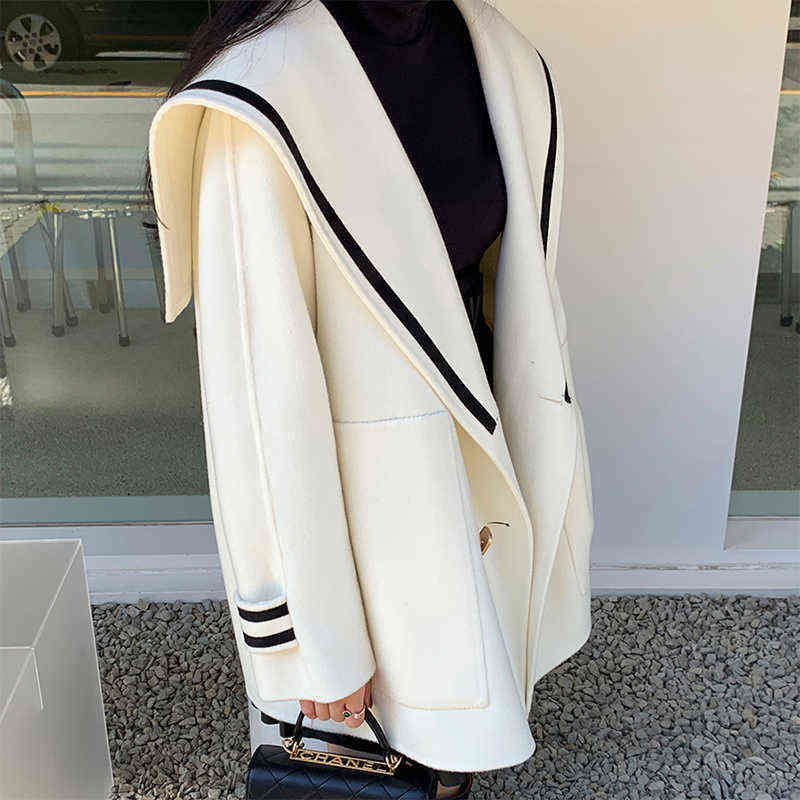 Sister Fara Autumn Sailor Collar Blazer Long Sleeve Jacket Women Double Breasted Winter Thicken Warm Coat Loose Blazers 211122