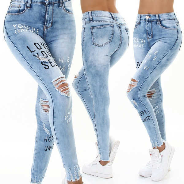 Women Jeans High Waisted Straight Skinny Stretchy Pant Streetwear Ladies Hole Washed Bandage Denim Pencil Pants Trousers 210922