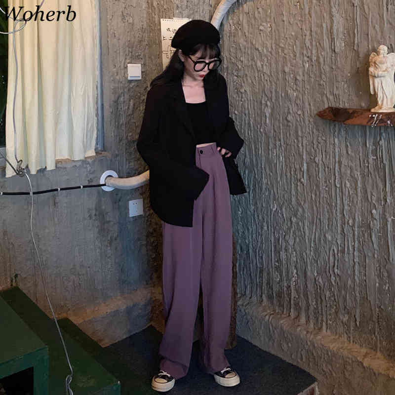 Wide Leg Women Pants Leisure High Waist Long Office Ladies Loose Straight Trousers Black Purple Suit Pant 210519