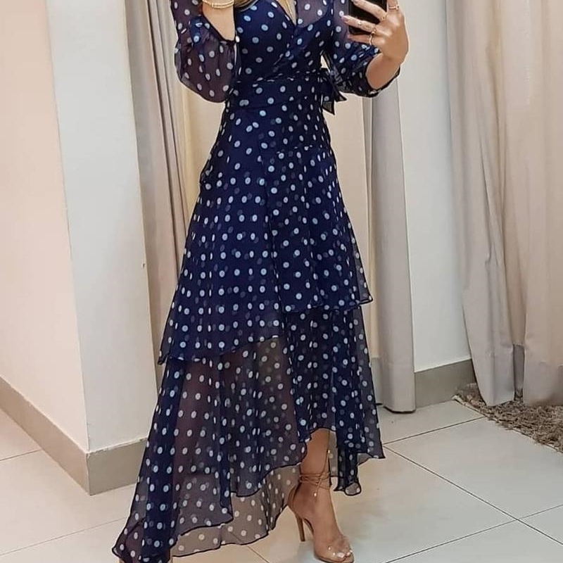 Women Elegant Polka dot Print Layered Maxi Dress Female Stylish Long Party Dress V neck Lace-up Ruffles Maxi Dress 210716