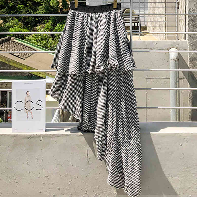 High quality Summer Sexy 2 Piece Set Women V neck Lace Puff Sleeve Ruffles Shirt + Vintage Plaid Irregular Skirts Suit 210506