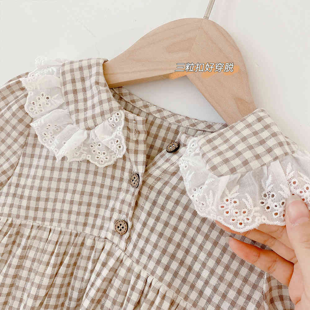 Gril long-sleeved plaid Bodysuits baby doll collar princess One-Pieces climbing clothes girl 210515