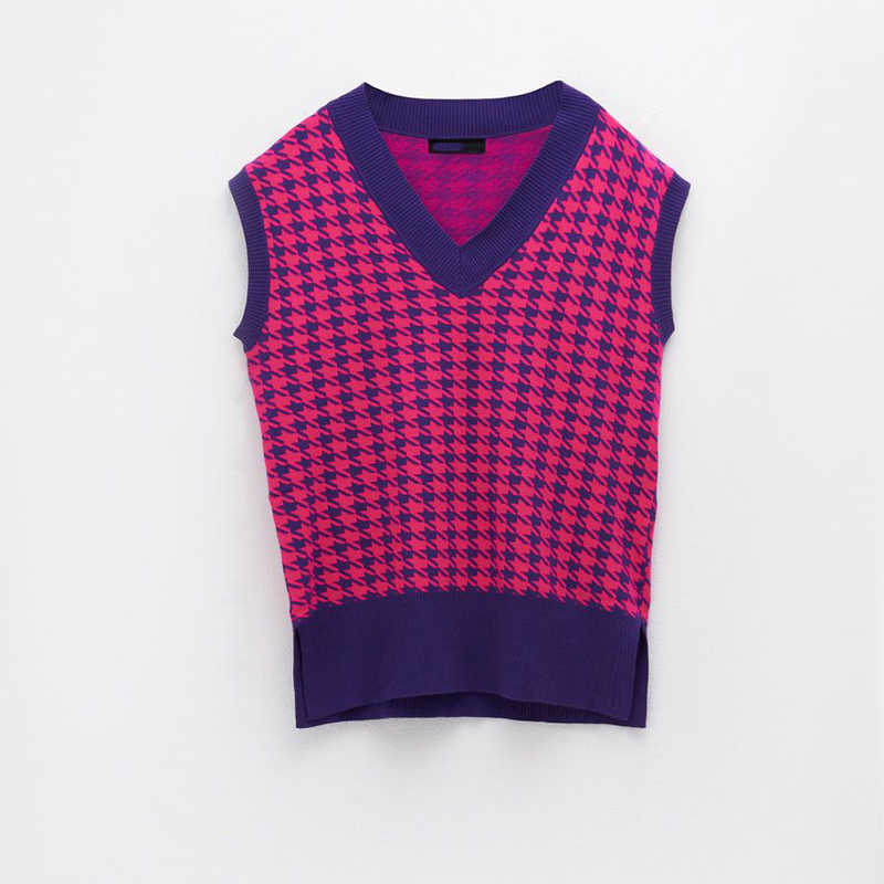 MEIYANGYOUNG V Neck Knitted Sweater Vest Women Sleeveless Oversized Pullover Houndstooth Vintage Fall Waistcoat Sweaters Female 210819